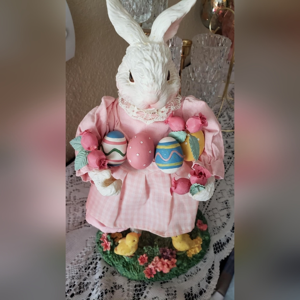 Pink Bunny Figurine with Decorative Eggs
